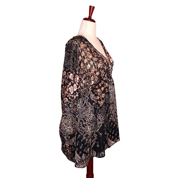 NEW Metallic Paisley‎ Plunging V-Neck Mini Dress, Black Multi, M, Bohemian Style - Picture 4 of 15